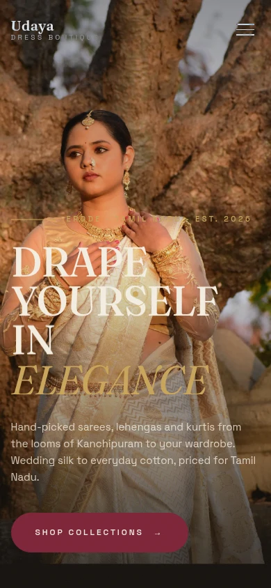 Actual mobile screenshot of the Udaya boutique demo