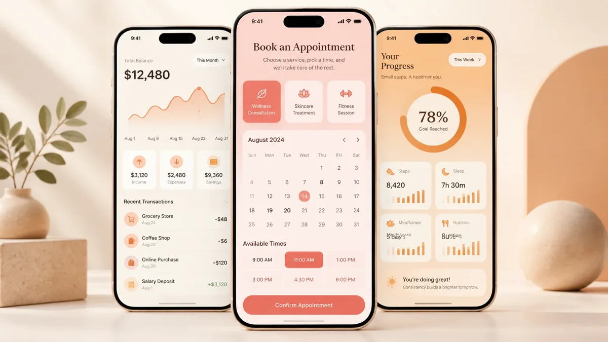 Illustrative trio of mobile application interface concepts